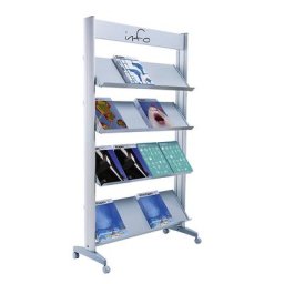 Présentoir de prospectus mobile, métallique, avec tablettes métalliques, largeur 940 mm