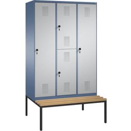 C+P Armoire combinée EVOLO, à un ou deux étages, avec banc, 3 compartiments, 4 portes, largeur compartiments 400 mm, bleu distant / aluminium