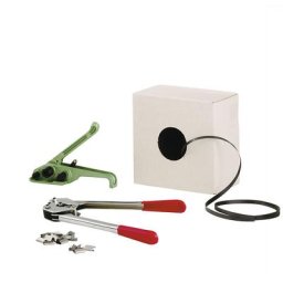 Kit de cerclage, feuillard en polypropylène, tendeur, pince de sertissage, feuillard dans un carton distributeur, chapes, largeur feuillard 16 mm