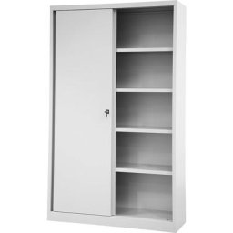 BISLEY Armoire à portes coulissantes ECO, 4 tablettes, 5 hauteurs de classeurs, gris clair