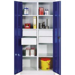 C+P Armoire d'atelier en tôle d'acier, 6 tablettes, 4 tiroirs, h x l x p 1950 x 1200 x 500 mm, porte bleu gentiane, corps gris clair