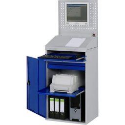 RAU Poste multi-usages, paroi perforée, écritoire, tablette coulissante, tiroir, largeur 650 mm, gris clair / bleu gentiane