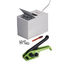 Kit de cerclage, feuillard en PETP collé, tendeur, feuillard dans un carton distributeur, boucles métalliques, cutter, largeur feuillard 16 mm