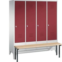 C+P Vestiaire CLASSIC avec banc frontal, 4 compartiments, largeur compartiments 400 mm, gris clair / rouge rubis