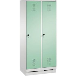 C+P Armoire de rangement sur socle EVOLO, 2 compartiments, largeur compartiments 400 mm, avec 8 tablettes, gris clair / vert clair