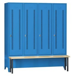 Wolf Vestiaire avec banc frontal, portes en tôle perforée, largeur compartiments 400 mm, 4 compartiments, bleu clair
