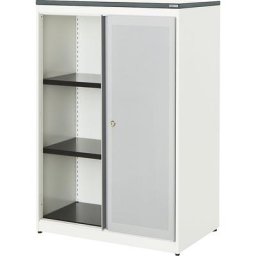 mauser Armoire à portes coulissantes, à effet acoustique, plateau en plastique, h x l x p 1180 x 800 x 432 mm, 2 tablettes, blanc pur / aluminium / blanc
