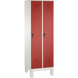 C+P Armoire de rangement sur pieds EVOLO, 2 compartiments, largeur compartiments 300 mm, avec 8 tablettes, blanc trafic / rouge feu