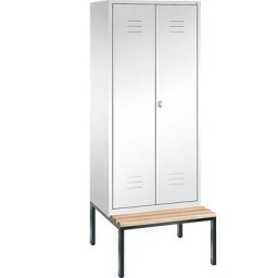 C+P Penderie CLASSIC avec banc inférieur et portes fermant l'une contre l'autre, 2 compartiments, largeur compartiments 400 mm, blanc trafic
