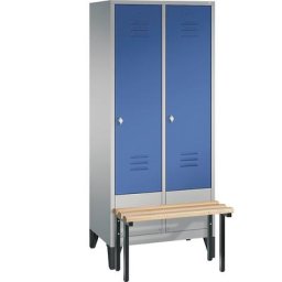 C+P Vestiaire CLASSIC avec banc frontal, 2 compartiments, largeur compartiments 400 mm, aluminium / bleu gentiane