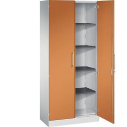 C+P Armoire à portes battantes ASISTO, hauteur 1980 mm, largeur 800 mm, 4 tablettes, gris clair / orange jaune