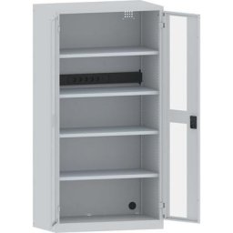 LISTA Armoire de chargement centralisé, 4 tablettes, portes vitrées, rampe électrique au dos, gris
