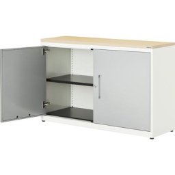 mauser Armoire à portes battantes, h x l 830 x 1200 mm, plateau en plastique, 1 tablette, blanc pur / aluminium / érable