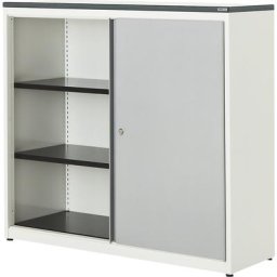 mauser Armoire à portes coulissantes, h x l x p 1180 x 1200 x 432 mm, plateau en plastique, 2 tablettes, blanc pur / aluminium / blanc