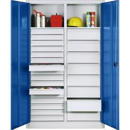 C+P Armoire d'atelier en tôle d'acier, 2 tablettes, 24 tiroirs, h x l x p 1950 x 1200 x 500 mm, porte bleu gentiane, corps gris clair