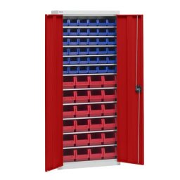 eurokraft pro Armoire d'atelier avec bacs de stockage, hauteur 1575 mm, 11 tablettes, gris clair / rouge trafic