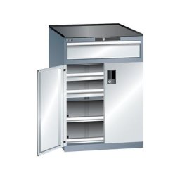LISTA Armoire à tiroirs à portes battantes, hauteur 1020 mm, 2 tablettes, 3 tiroirs, charge max. 200 kg, gris métallisé / gris clair