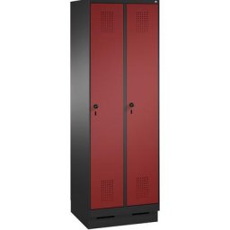 C+P Armoire de rangement sur socle EVOLO, 2 compartiments, largeur compartiments 300 mm, avec 8 tablettes, gris noir / rouge rubis