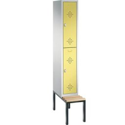C+P Penderie CLASSIC avec banc inférieur, à deux étages, 1 compartiment, avec 2 casiers, largeur compartiment 300 mm, gris clair / jaune soufre