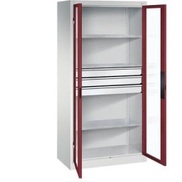 C+P Armoire vitrée à portes battantes, h x l x p 1950 x 930 x 500 mm, 3 tablettes, 3 tiroirs, gris clair / rouge rubis