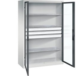 C+P Armoire vitrée à portes battantes, h x l x p 1950 x 1200 x 500 mm, 3 tablettes, 3 tiroirs, gris clair / anthracite