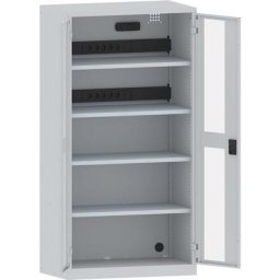 LISTA Armoire de chargement centralisé, 4 tablettes, portes vitrées, 2 rampes électriques au dos avec interrupteur FI/LS, gris