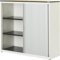 mauser Armoire à rideau vertical, h x l x p 1168 x 1200 x 432 mm, plateau à noyau plein, 2 tablettes, blanc pur / aluminium / érable