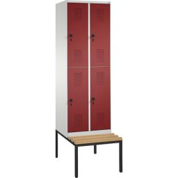 C+P Penderie EVOLO à deux étages, avec banc, 2 compartiments, 2 casiers chacun, largeur compartiments 300 mm, gris clair / rouge rubis