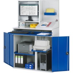 RAU Poste multi-usages, compartiment pour écran, 2 tablettes coulissantes, largeur 1100 mm, gris clair / bleu gentiane
