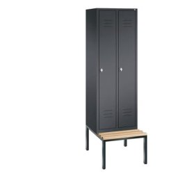 C+P Vestiaire CLASSIC avec banc monté en dessous, 2 compartiments, largeur compartiments 300 mm, gris noir