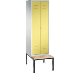 C+P Penderie CLASSIC avec banc inférieur et portes fermant l'une contre l'autre, 2 compartiments, largeur compartiments 300 mm, gris clair / jaune soufre
