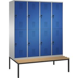 C+P Penderie EVOLO à deux étages, avec banc, 4 compartiments, 2 casiers chacun, largeur compartiments 400 mm, aluminium / bleu gentiane