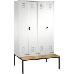 C+P Penderie EVOLO à portes fermant l'une contre l'autre, avec banc, 4 compartiments, largeur compartiments 300 mm, gris clair