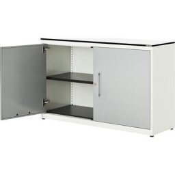 mauser Armoire à portes battantes, h x l 818 x 1200 mm, plateau à noyau plein en stratifié HPL, 1 tablette, blanc pur / aluminium / blanc