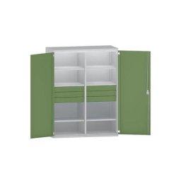 eurokraft pro Armoire pour charges lourdes JUMBO en tôle d'acier, 6 tablettes, 6 tiroirs hauteur 120 mm, gris clair / vert réséda