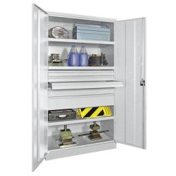 Pavoy Armoire pour charges lourdes, hauteur 1950 mm, 3 tablettes, 5 tiroirs, gris