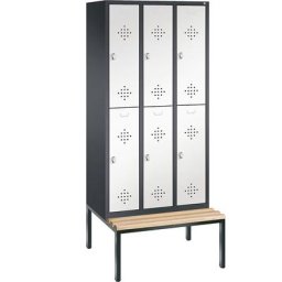 C+P Penderie CLASSIC avec banc inférieur, à deux étages, 3 compartiments, 2 casiers chacun, largeur compartiments 300 mm, gris noir / blanc trafic