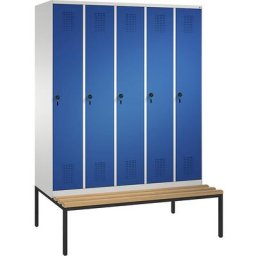 C+P Penderie EVOLO avec banc, 5 compartiments, largeur compartiments 300 mm, gris clair / bleu gentiane