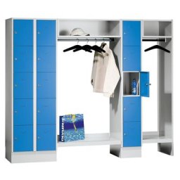 Wolf Vestiaires à penderie ouverte, 15 casiers à gauche / centraux, 15 cintres, largeur h.t. 2220 mm, largeur tablettes 298 mm, bleu clair/gris clair