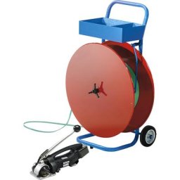 Kit de cerclage, feuillard en PETP, appareil de cerclage semi-automatique, dérouleur de bobine mobile, feuillard, largeur feuillard 16 mm