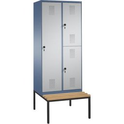 C+P Armoire combinée EVOLO, à un ou deux étages, avec banc, 2 compartiments, 3 portes, largeur compartiments 400 mm, bleu distant / aluminium