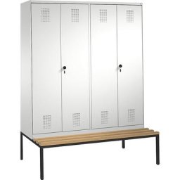 C+P Penderie EVOLO à portes fermant l'une contre l'autre, avec banc, 4 compartiments, largeur compartiments 400 mm, gris clair