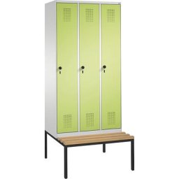 C+P Penderie EVOLO avec banc, 3 compartiments, largeur compartiments 300 mm, gris clair / vert