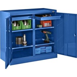 eurokraft basic Armoire à outils, avec cloison médiane, 2 tiroirs, 4 tablettes, bleu gentiane RAL 5010