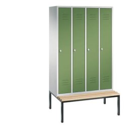 C+P Vestiaire CLASSIC avec banc monté en dessous, 4 compartiments, largeur compartiments 300 mm, gris clair / vert réséda