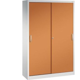 C+P Armoire à portes coulissantes ACURADO, 3 tablettes, 2 casiers verrouillables, h x l x p 1950 x 1200 x 400 mm, gris clair / orange jaune