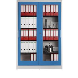 mauser Armoire à portes coulissantes, façade vitrée, 4 tablettes, h x l x p 1965 x 1200 x 500 mm, gris clair / bleu clair