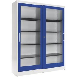 mauser Armoire à portes coulissantes, façade vitrée, 8 tablettes, cloison médiane, h x l x p 1965 x 1600 x 420 mm, gris clair / bleu outremer