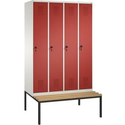 C+P Penderie EVOLO avec banc, 4 compartiments, largeur compartiments 300 mm, blanc pur / rouge feu