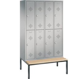 C+P Penderie CLASSIC avec banc inférieur, à deux étages, 4 compartiments, 2 casiers chacun, largeur compartiments 300 mm, aluminium
